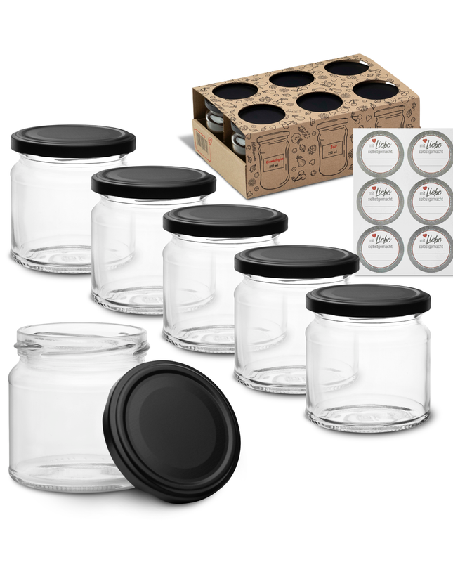 120 Schraubgläser 210 ml TO66 im 6er-Set – mit schwarzmatten Deckeln & Etiketten