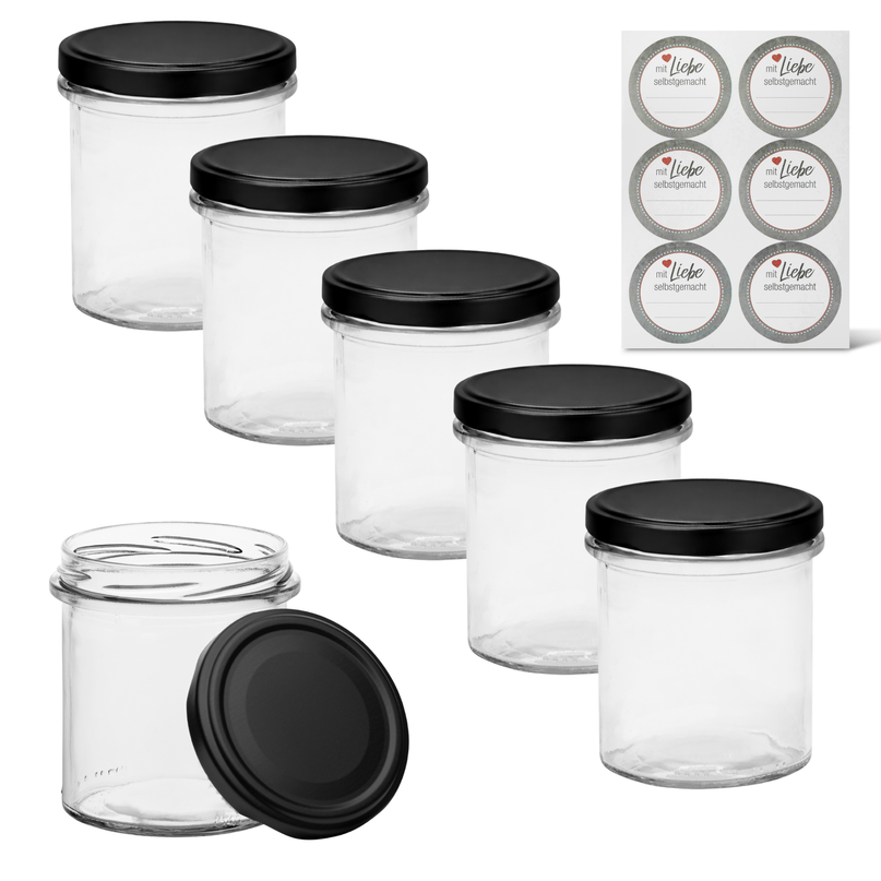 48er-Set Sturzgläser 350 ml mit TO82 Deckel & Beschriftungsetiketten