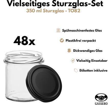 48er-Set Sturzgläser 350 ml mit TO82 Deckel & Beschriftungsetiketten