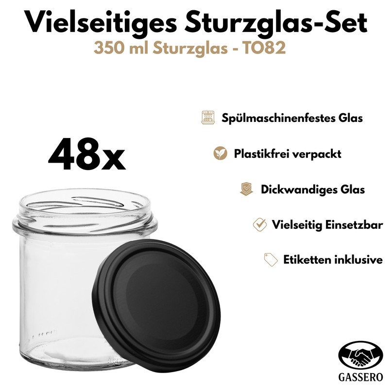 48er-Set Sturzgläser 350 ml mit TO82 Deckel & Beschriftungsetiketten
